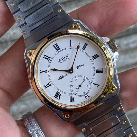 RARE Seiko Silver Wave Quartz 2628-0060 Two Tone Sub Sec Oak Style Vintage Watch