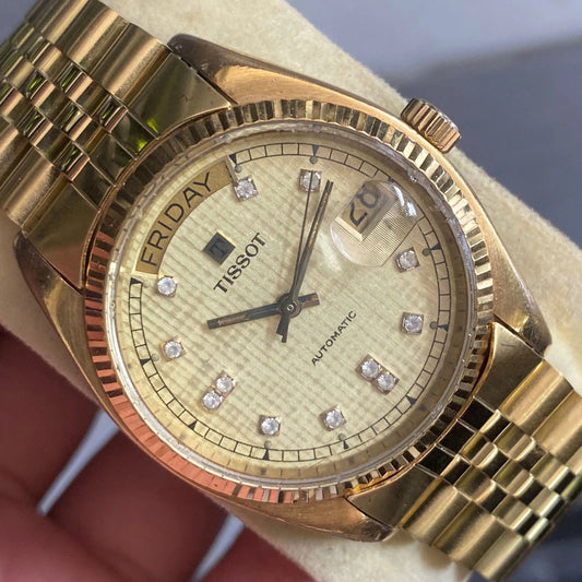 Rare Tissot President Linen Dial Gold Automatic Index Baton Watch Men Vintage