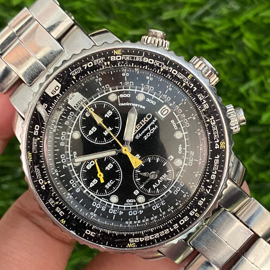 Rare Seiko Flightmaster Pilot SNA411P1 Chronograph Black DIal Quartz 7T62 Watch