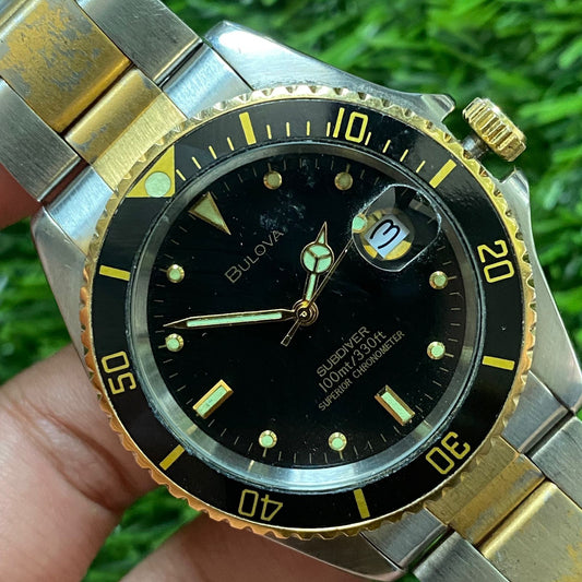 Rare Bulova Trident Subdiver Black Dial Date Two Tone Quartz Watch Men JR