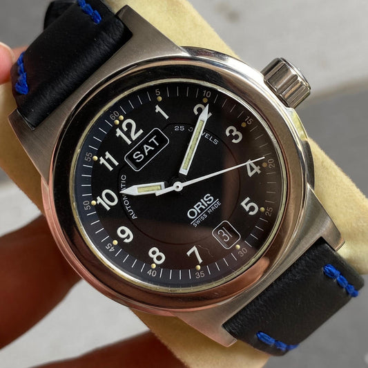 RARE Oris Military Big Crown 7500 Automatic Day Date Black Dial Swiss Watch Men
