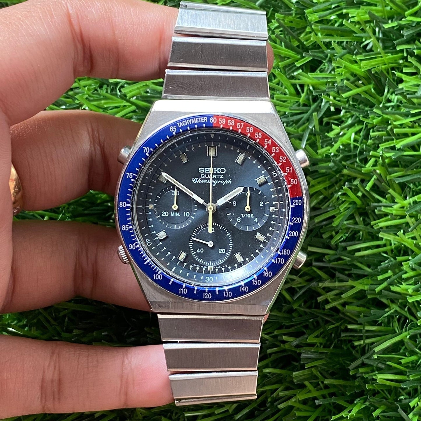 Rare Seiko Choronograph Quartz 7A28 Black Dial Pepsi Bezel Vintage Watch Men