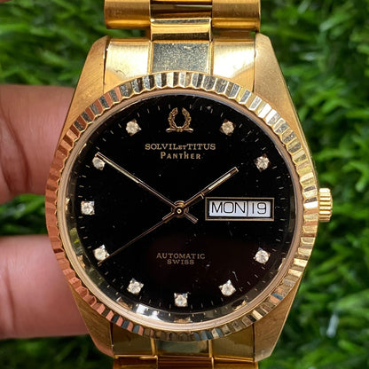 Rare Solvil et Titus Panther Automatic Day Date Index Diamond Black Dial Men