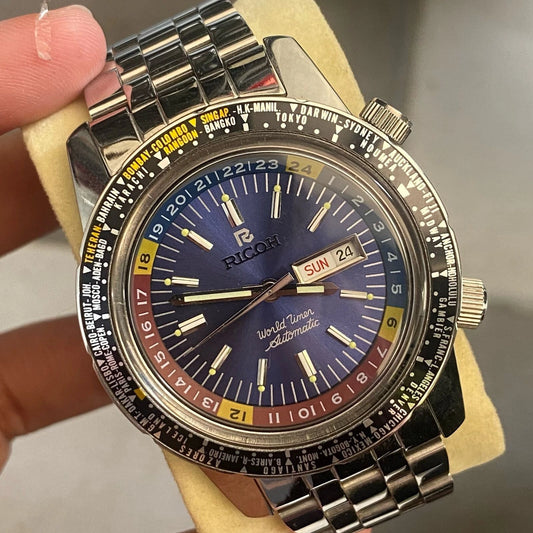 Rare Ricoh World Timer Blue Dial Automatic 61215A Day Date Vintage Men Watch