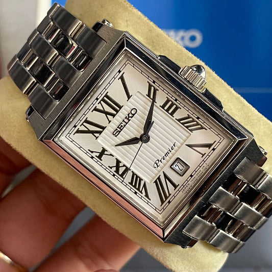 RARE Seiko Tank Premier SKK715 Roman Index White Dial Vintage Fullset Watch Men