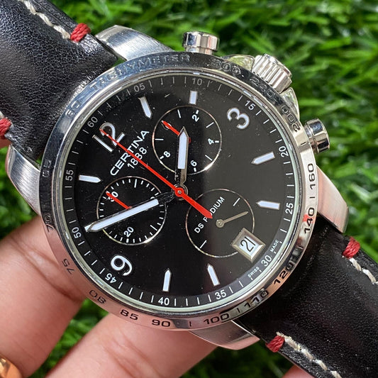 Rare Certina DS Podium Quartz Chronograph Black Dial Date Swiss Watch Men
