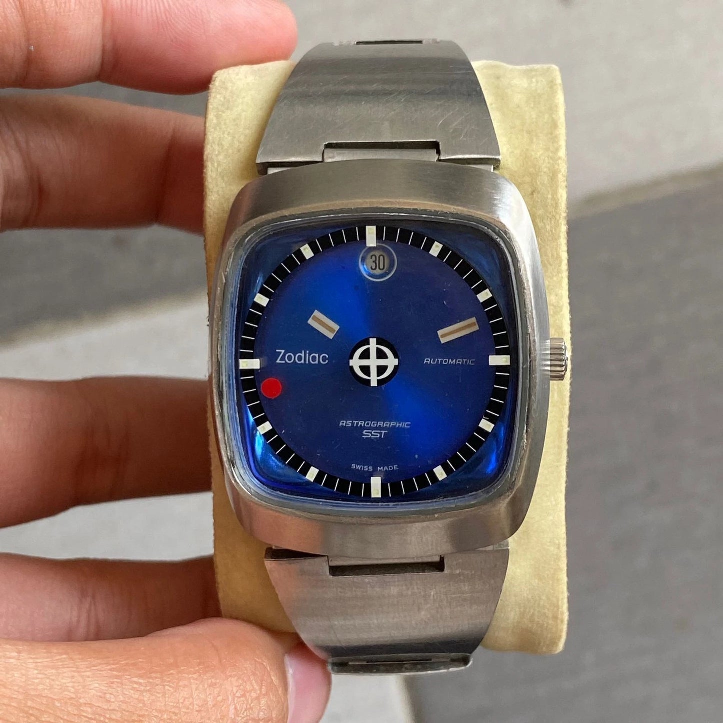 Rare Zodiac Astrographic SST Mystery Dial Blue Automatic Swiss Watch Vintage