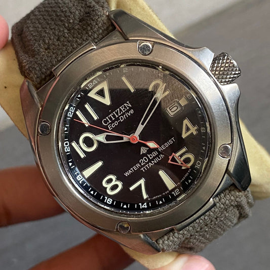 Rare Citizen Eco Drive Promaster Black Dial Solar Date Nylon Watch Vintage Men