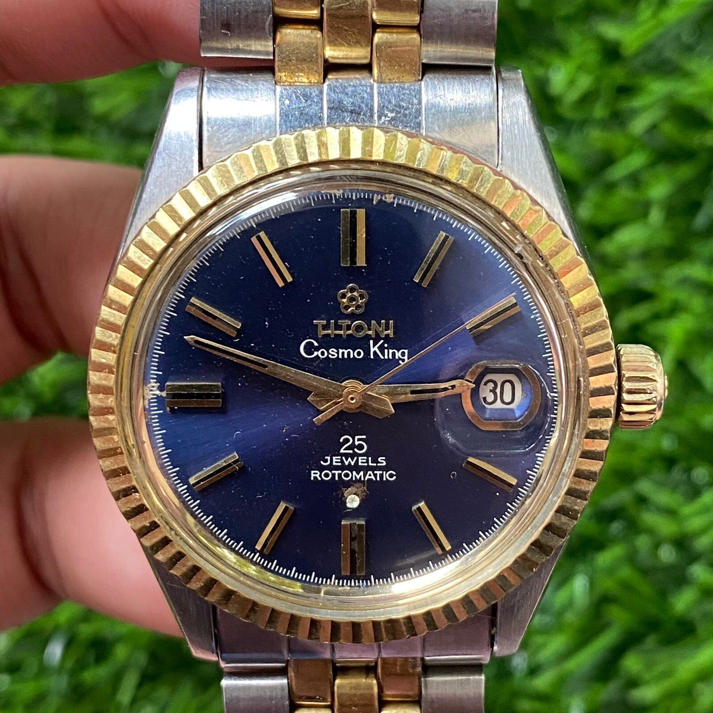 Rare Titoni Cosmo King Automatic Date 25 Jewels Blue Dial Two Tone Vintage Watch