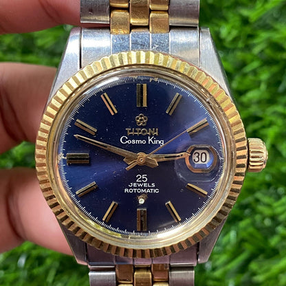 Rare Titoni Cosmo King Automatic Date 25 Jewels Blue Dial Two Tone Vintage Watch