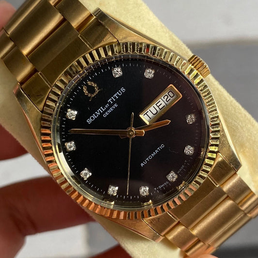 RARE Solvil et Titus Geneve Automatic Day Date Black Dial Diamond Index Watch