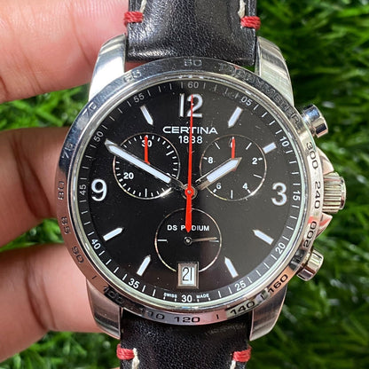 Rare Certina DS Podium Quartz Chronograph Black Dial Date Swiss Watch Men