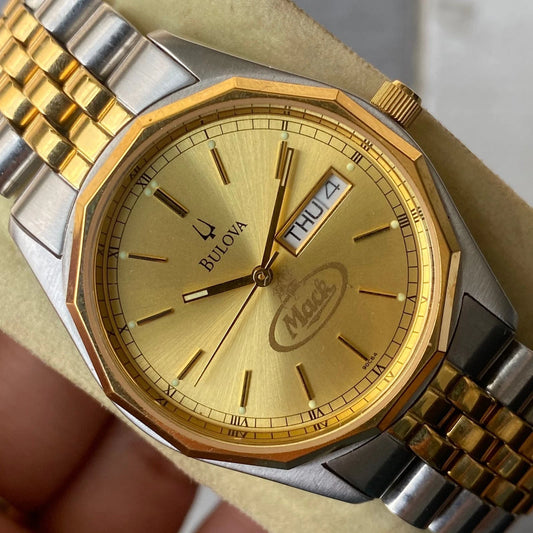 Rare Bulova Mack Quartz Day Date Gold Dial Hexagon Two Tone Watch Vintage Men