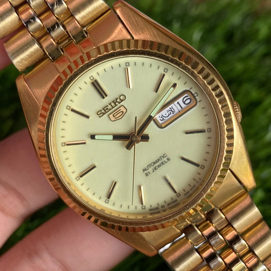 Rare Seiko 5 President Automatic 7S26-0530 Luminous Dial Gold Vintage Watch Men