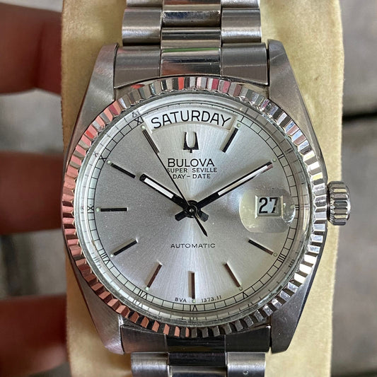 Rare Bulova President Super Seville Day Date Automatic Silver Vintage Watch Men