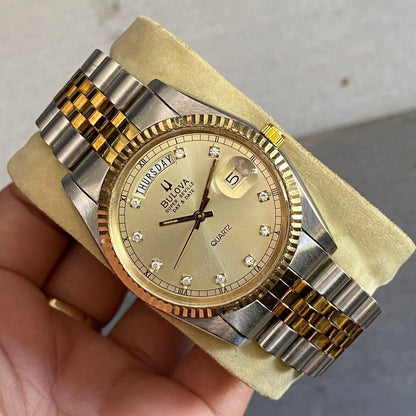 RARE Bulova Super Seville President Day Date Diamond Index Two Tone  Watch Men