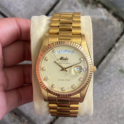 Rare Mido President Datoday Quartz Ocean Star DayDate Gold Diamond Vintage Watch