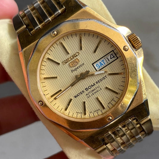 Rare Seiko 5 Superior SNZ388J1  Royal Oak Style Automatic Gold Watch Vintage Men