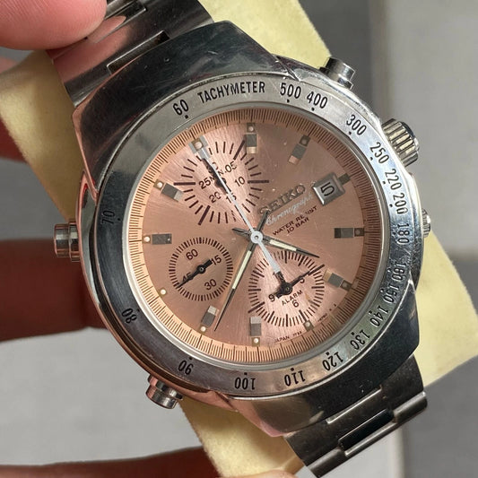 Rare Seiko SBBP069 Chronograph Salmon Dial Quartz Date Vintage Watch Men
