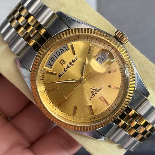 Rare Ricoh Autojust President Automatic DayDate Gold Dial Two Tone Vintage Watch