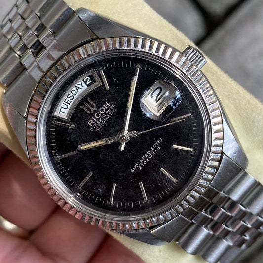 Rare Ricoh President Dynamic Wide Black Dial Automatic 21 Jewels Vintage Watch