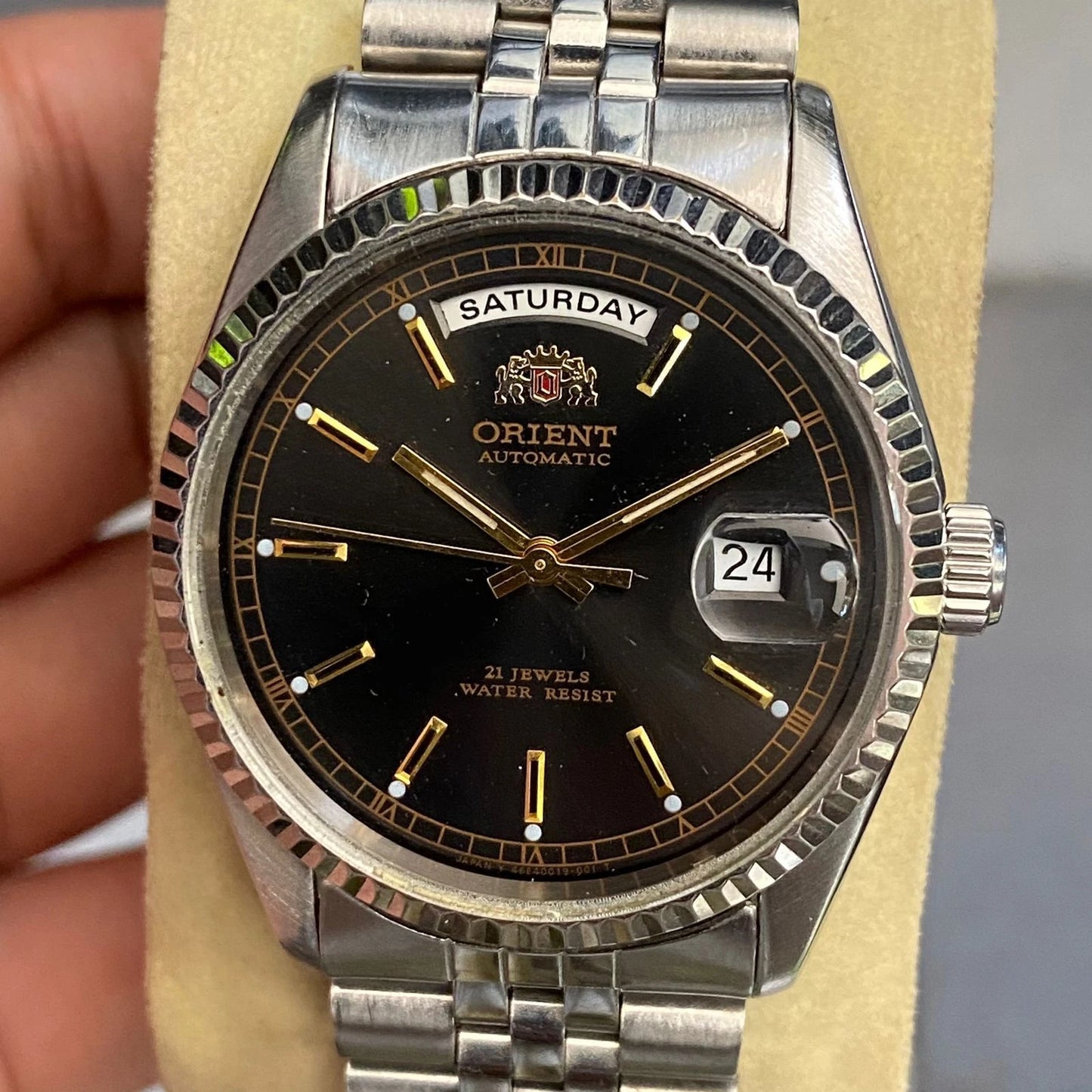 Rare Orient President Black Dial Baton Day Date Automatic 21 J Watch Vintage Men