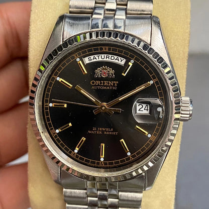 Rare Orient President Black Dial Baton Day Date Automatic 21 J Watch Vintage Men