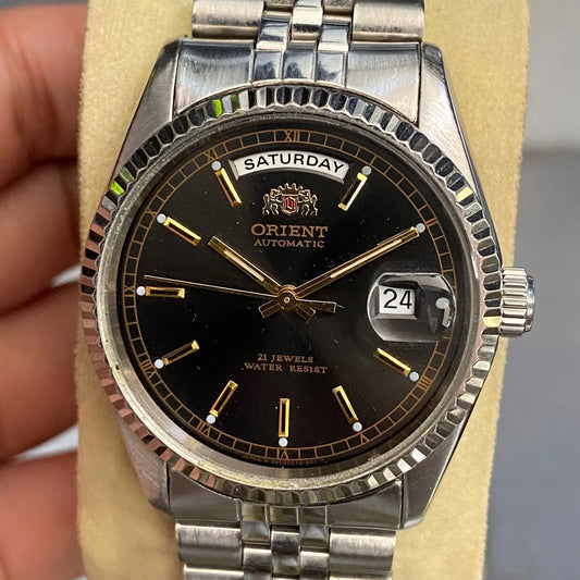 Rare Orient President Black Dial Baton Day Date Automatic 21 J Watch Vintage Men