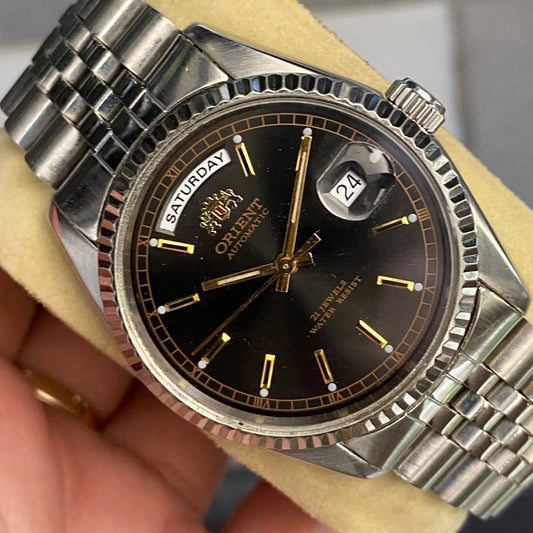Rare Orient President Black Dial Baton Day Date Automatic 21 J Watch Vintage Men