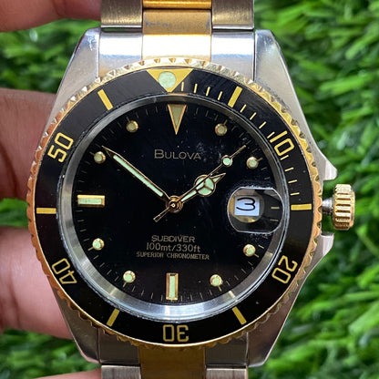 Rare Bulova Trident Subdiver Black Dial Date Two Tone Quartz Watch Men JR