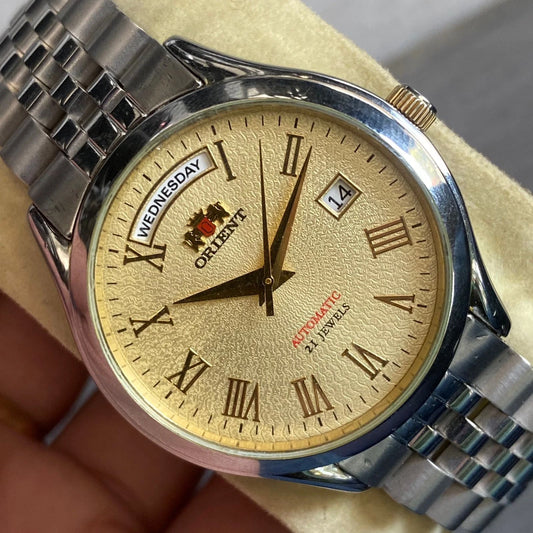 Rare Orient President Automatic Roman Index Beige Dial Day Date Vintage Watch