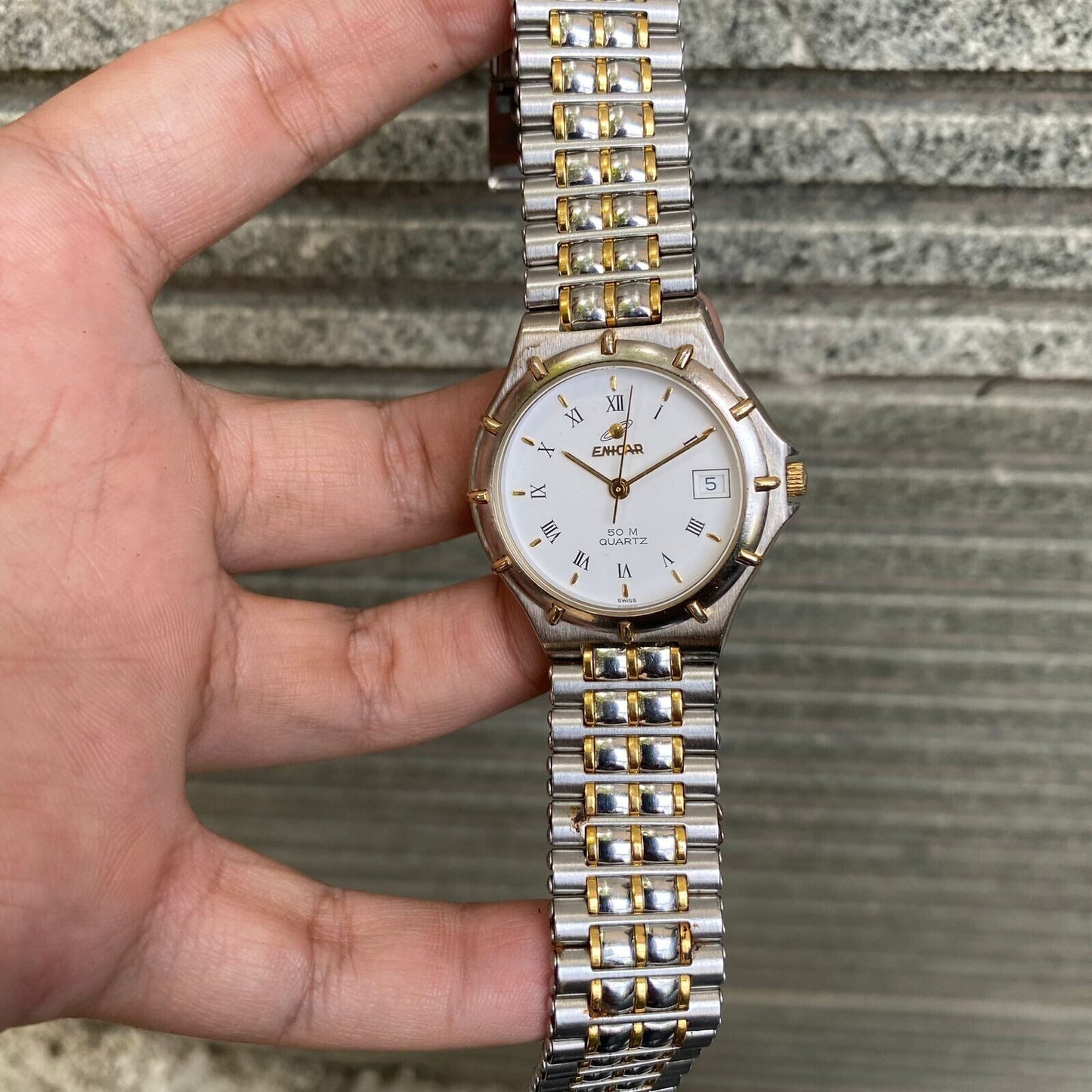 RARE Enicar 50M 955.051 Quartz Swiss Two Tone White Dial Vintage Watch