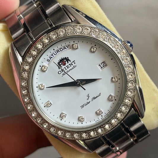 Rare Orient President Automatic White Dial Index Diamond Bezel Vintage Watch Men