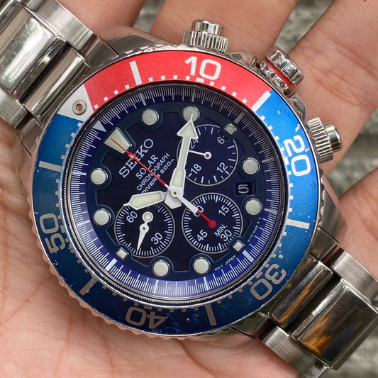 Rare Seiko Solar V175 Chronograph Pepsi Bezel Blue Dial Diver Watch Men