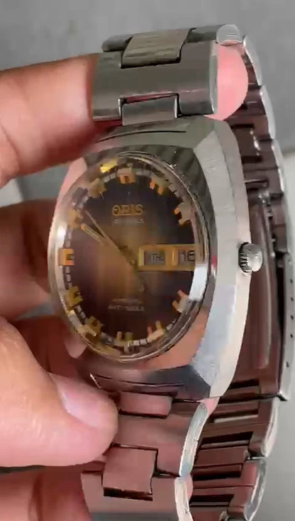 RARE Oris Automatic 25 Jewels Day Date Gradation Dial Brown Vintage Swiss Watch