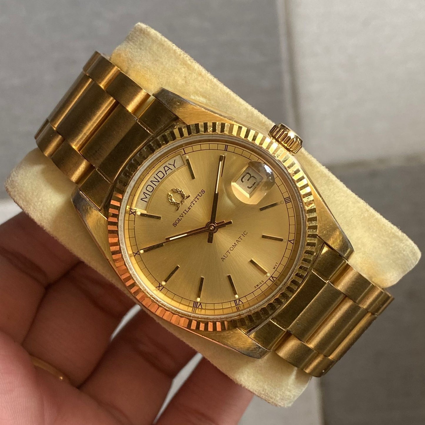Rare Solvil et Titus President Day Date Gold Automatic Swiss Watch Vintage Men