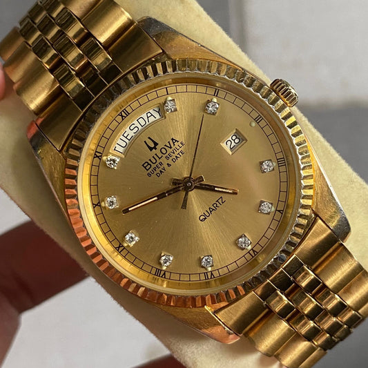RARE Bulova President Super Seville Day Date Quartz Diamond Gold Vintage Watch