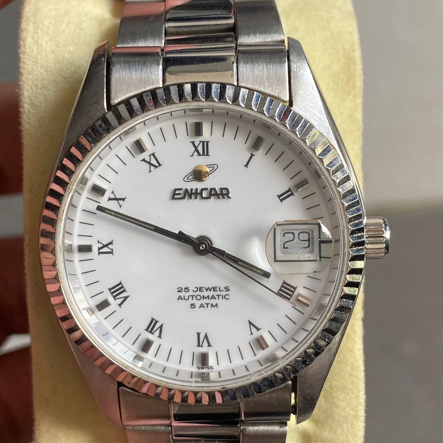 Rare Enicar Automatic White Dial Roman 25 Jewels Swiss Made Vintage Watch Men