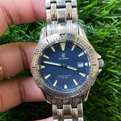 Rare Cyma Diver Quartz 200m Blue Dial Swiss Made Luminous Index Vintage Watch
