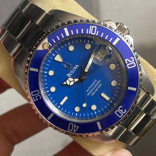 Rare Bulova Diver Professional Automatic Blue Dial Date Vintage Watch Men