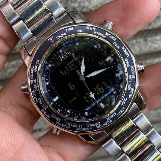 RARE Seiko JAL Worldtime Alarm Chronograph Anadigi Men Watch Pilot Flightmaster