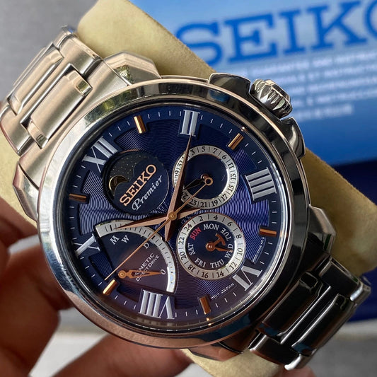 Rare Seiko Premier SRX017P1 Kinetic Direct Drive Moonphase Blue Dial Watch Men