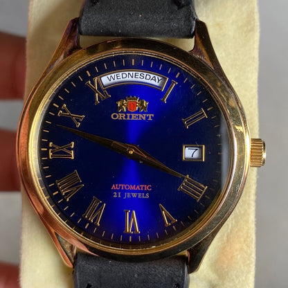 Rare Orient President Roman Index Blue Dial Automatic EV0H-A00 21 Jewels Vintage