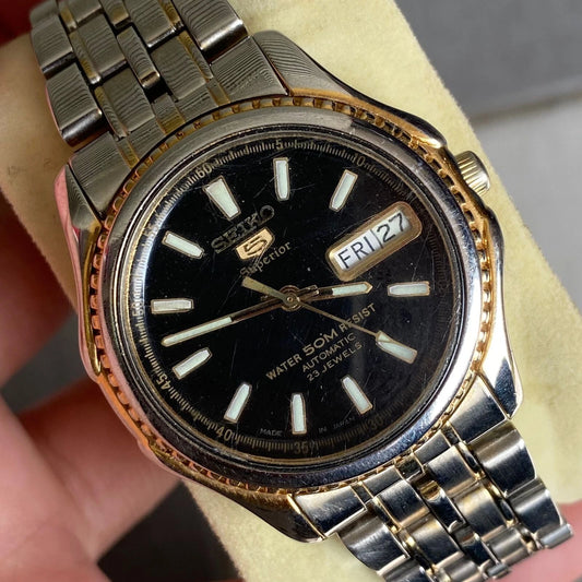 Rare Seiko 5 Superior SKZ052 Automatic Black Dial Day Date Vintage Watch Men