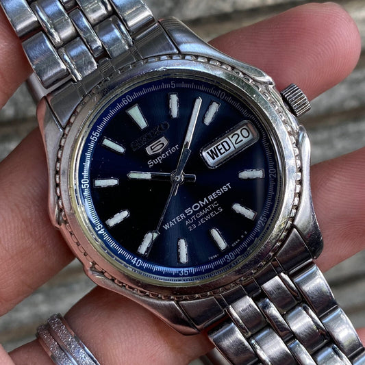 RARE Seiko 5 Superior SKZ049 Blue Dial Sunburst Automatic 7s36 Vintage Watch