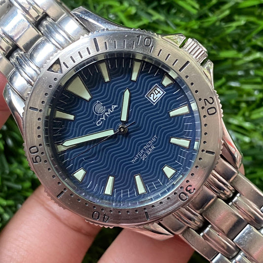 Rare Cyma Diver Quartz 200m Blue Dial Swiss Made Luminous Index Vintage Watch