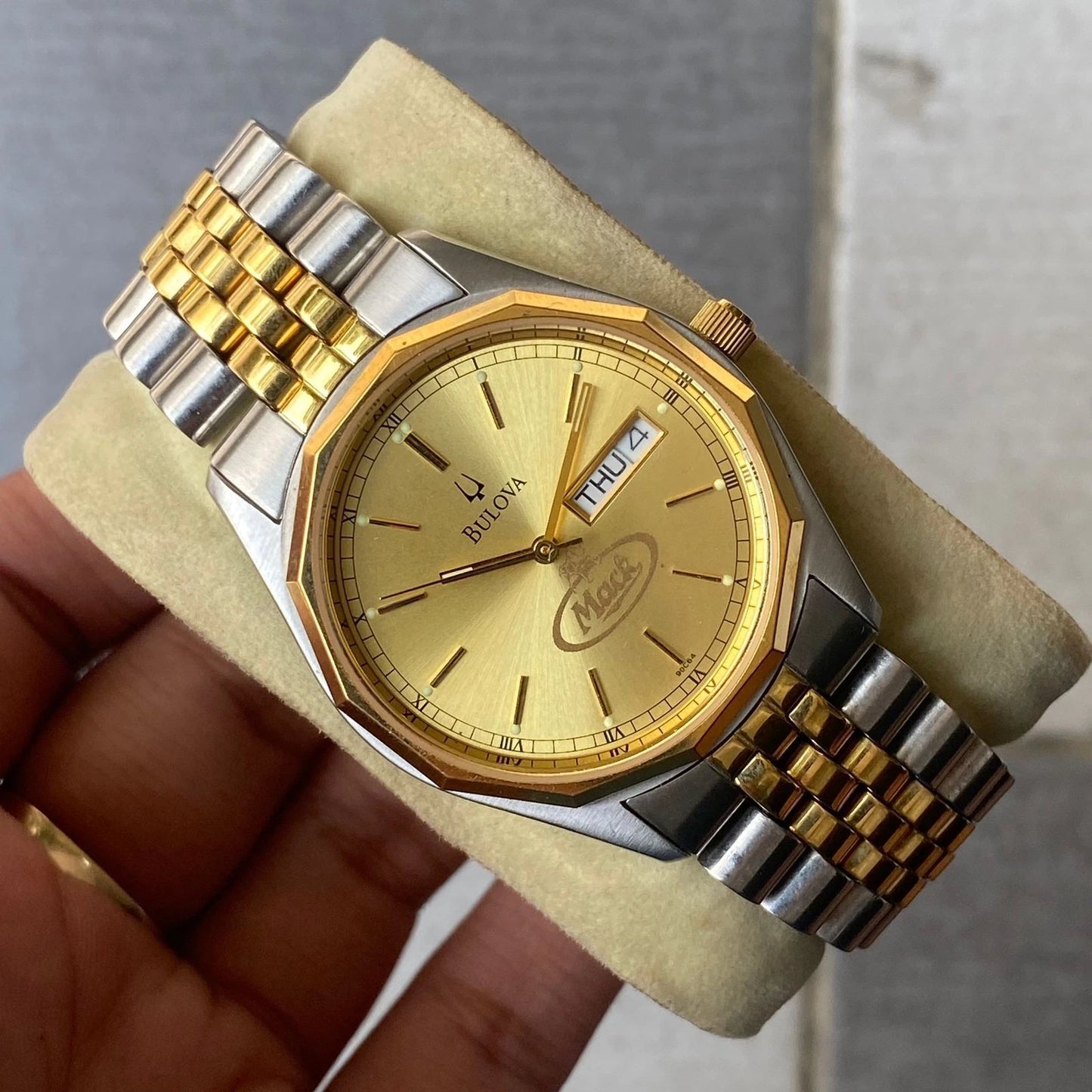Rare Bulova Mack Quartz Day Date Gold Dial Hexagon Two Tone Watch Vintage Men
