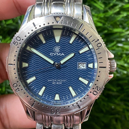 Rare Cyma Diver Quartz 200m Blue Dial Swiss Made Luminous Index Vintage Watch