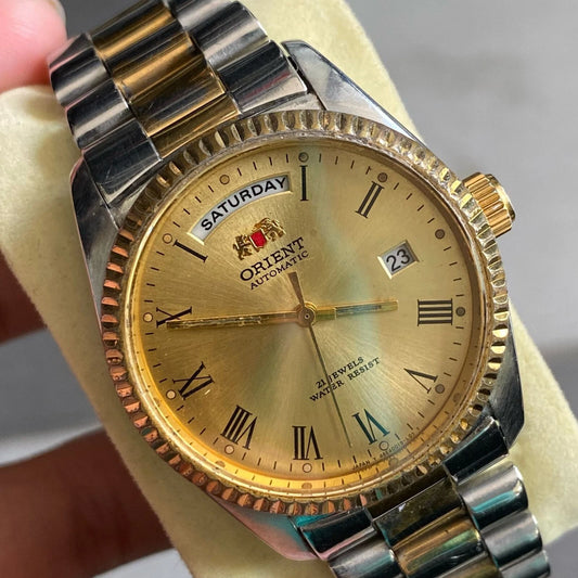 Rare Orient President Automatic Roman Index Gold Dial Two Tone Vintage Watch Men
