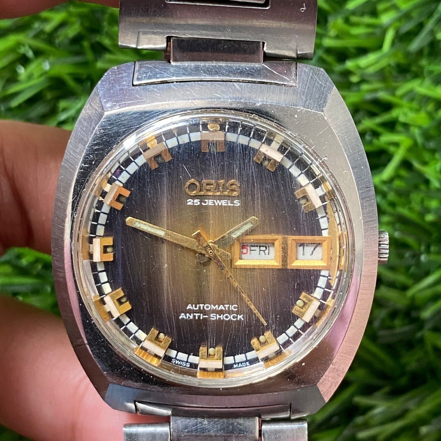 Rare Oris Automatic Day Date Gradation Dial 25 Jewels Vintage Swiss Watch Men